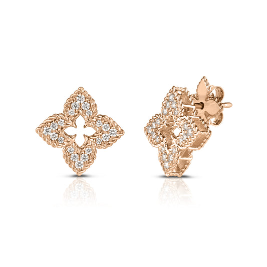 Roberto Coin Venetian Princess Small Classic Flower Stud Earrings Pavé Diamond in 18K rose gold