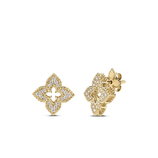 Roberto Coin Venetian Princess Small Classic Flower Stud Earrings Pavé Diamond in 18K yellow gold