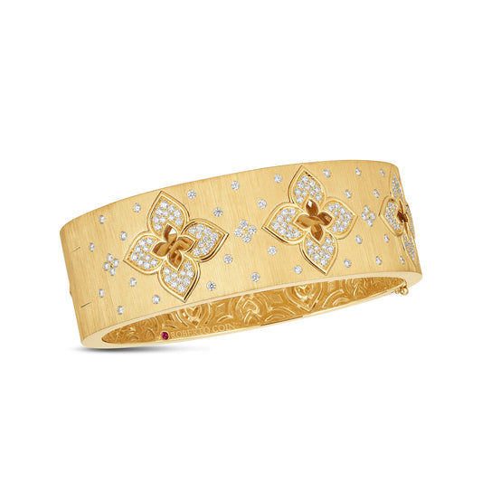 Roberto Coin Venetian Princess Flower Wide Bangle Diamond, Satin Finish in 18K yellow gold