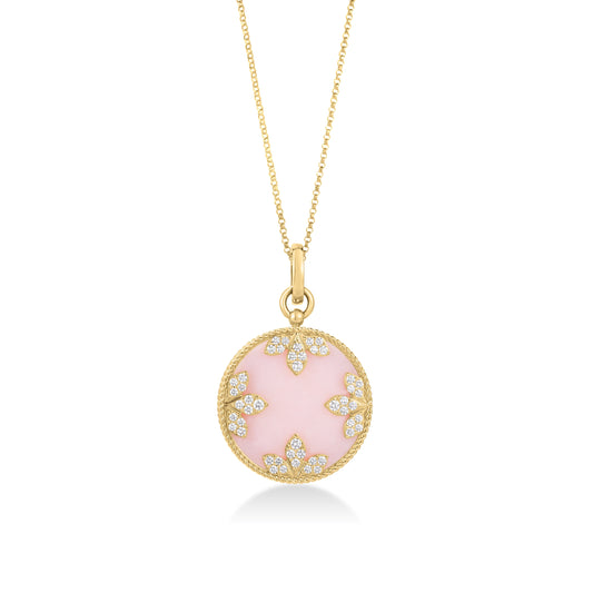 Roberto Coin Venetian Medallions Large Pendant Necklace with pink opal and diamond in 18K yellow gold