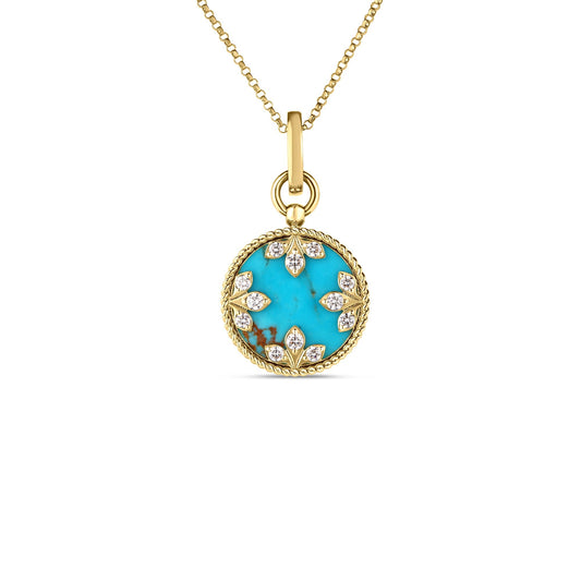 Roberto Coin Venetian Medallions Pendant Necklace with turquoise and diamond in 18K yellow gold