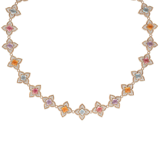 Roberto Coin Venetian Princess Carnival Flower Collar Necklace Pavé Diamond, Mixed Gemstones in 18K rose gold