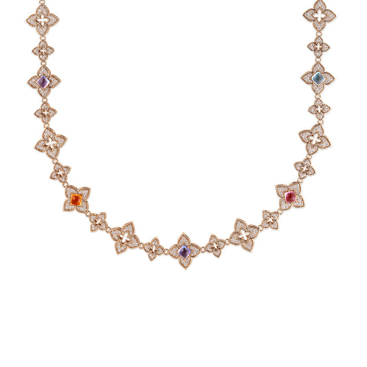 Roberto Coin Venetian Princess Carnival Alternating Flower Long Necklace Pavé Diamond, Mixed Gemstones in 18K rose gold