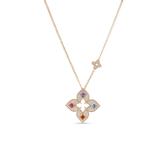 Roberto Coin Venetian Princess Carnival Large Open Flower Long Necklace Pavé Diamond, Mixed Gemstones in 18K rose gold