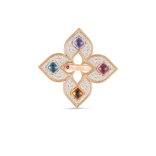 Roberto Coin Venetian Princess Carnival Large Open Flower Ring Pavé Diamond, Mixed Gemstones in 18K rose gold