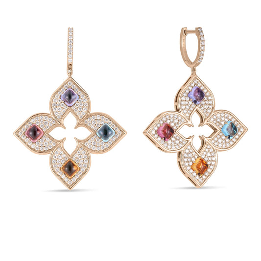 Roberto Coin Venetian Princess Carnival Open Flower Drop Earrings Pavé Diamond, Mixed Gemstones in 18K rose gold