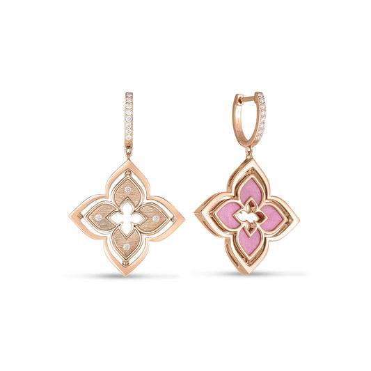 Roberto Coin Venetian Princess Pirouette Flower Drop Earrings with rhodonite and diamond in 18K rose gold