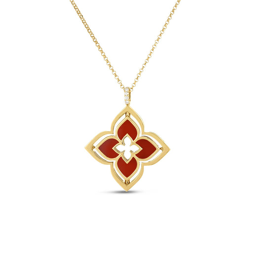 Roberto Coin Venetian Princess Pirouette Flower Necklace with red agate and diamond in 18K yellow gold