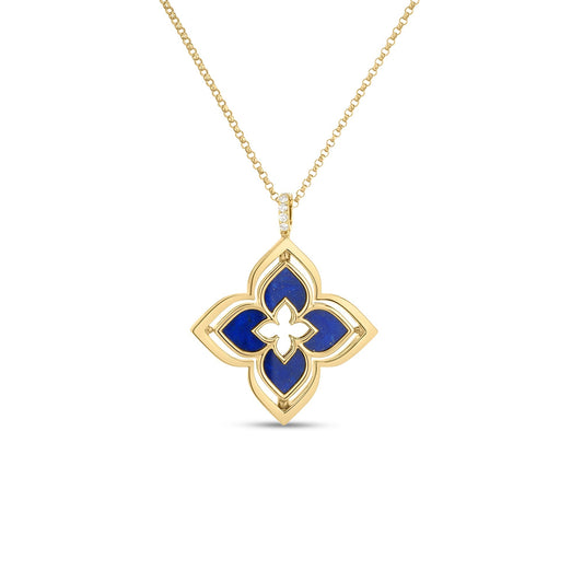 Roberto Coin Venetian Princess Pirouette Flower Necklace with lapis and diamond in 18K yellow gold