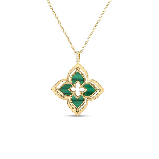 Roberto Coin Venetian Princess Pirouette Flower Necklace with malachite and diamond in 18K yellow gold