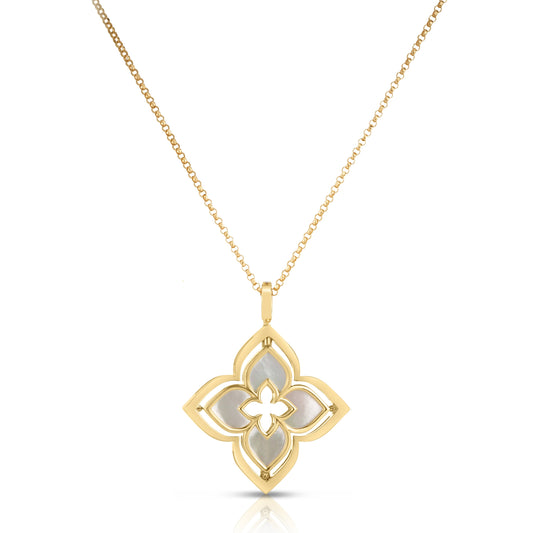 Roberto Coin Venetian Princess Pirouette Flower Necklace with mother of pearl and diamond in 18K yellow gold