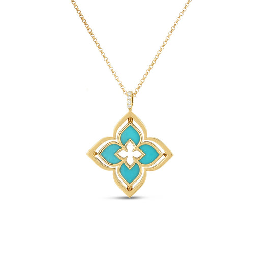 Roberto Coin Venetian Princess Pirouette Flower Necklace with turquoise and diamond in 18K yellow gold