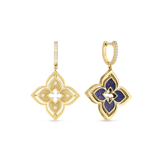 Roberto Coin Venetian Princess Pirouette Flower Drop Earrings with lapis and diamond in 18K yellow gold
