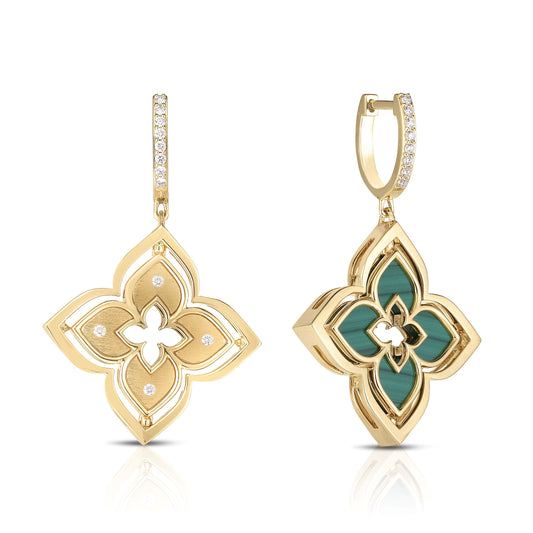 Roberto Coin Venetian Princess Pirouette Flower Drop Earrings with malachite and diamond in 18K yellow gold