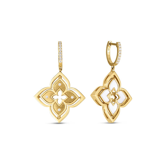 Roberto Coin Venetian Princess Pirouette Flower Drop Earrings with mother of pearl and diamond in 18K yellow gold