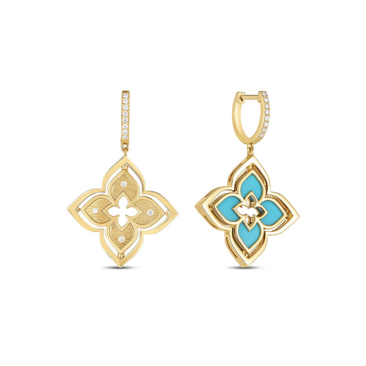 Roberto Coin Venetian Princess Pirouette Flower Drop Earrings with turquoise and diamond in 18K yellow gold