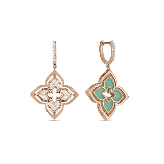 Roberto Coin Venetian Princess Pirouette Flower Drop Earrings with chrysoprase and diamond in 18K rose gold