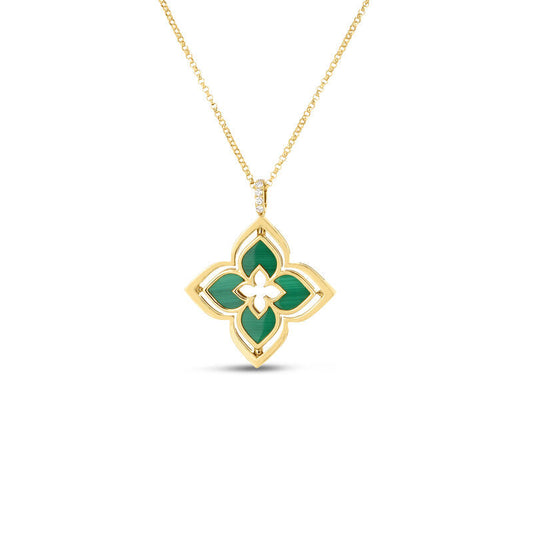 Roberto Coin Venetian Princess Pirouette Flower Necklace with malachite and diamond in 18K yellow gold