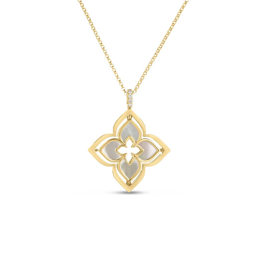 Roberto Coin Venetian Princess Pirouette Flower Necklace with mother of pearl and diamond in 18K yellow gold
