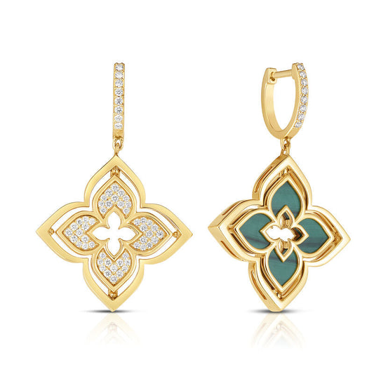 Roberto Coin Venetian Princess Pirouette Flower Drop Earrings with malachite and diamond in 18K yellow gold