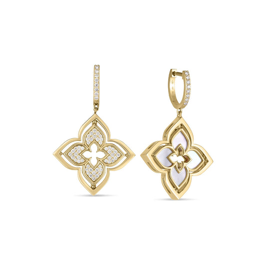 Roberto Coin Venetian Princess Pirouette Flower Drop Earrings with mother of pearl and diamond in 18K yellow gold