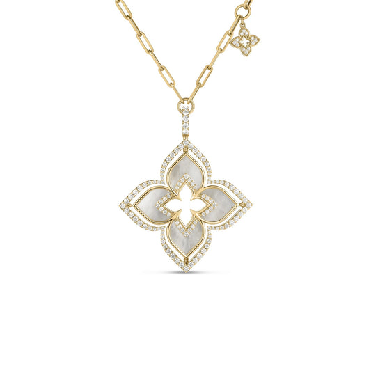 Roberto Coin Venetian Princess Pirouette Large Flower Necklace with mother of pearl and diamond in 18K yellow gold