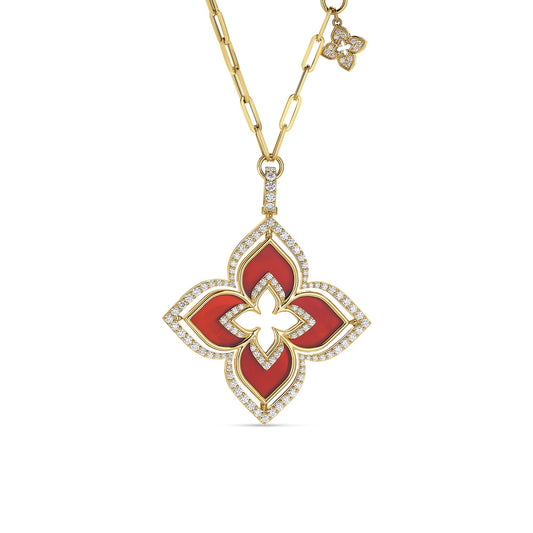 Roberto Coin Venetian Princess Pirouette Large Flower Necklace with red agate and diamond in 18K yellow gold