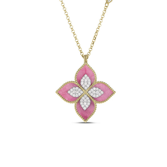 Roberto Coin Venetian Princess Large Flower Long Necklace Diamond, Rhodonite in 18K yellow gold