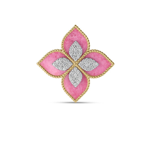 Roberto Coin Venetian Princess Large Flower Ring Diamond, Rhodonite in 18K yellow gold
