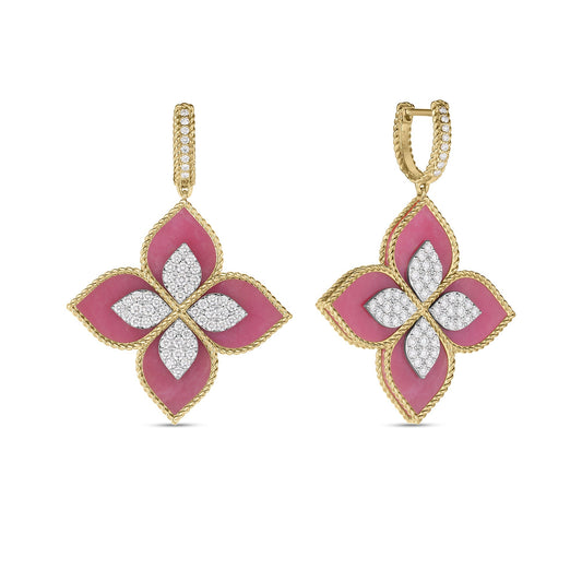 Roberto Coin Venetian Princess Flower Drop Earrings Diamond, Rhodonite in 18K yellow gold