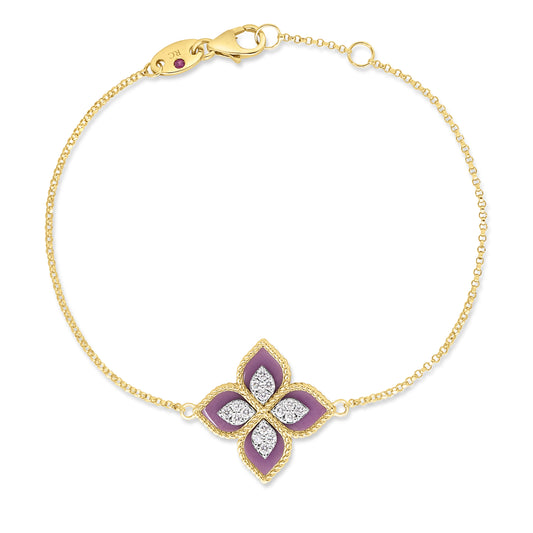 Roberto Coin Venetian Princess Flower Charm Bracelet Diamond, Phosphosiderite in 18K yellow gold