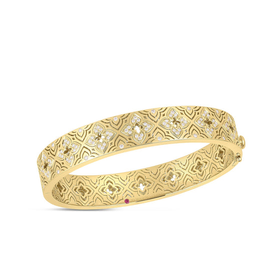 Roberto Coin Venetian Princess Etched Frame Flower Bangle Diamond in 18K yellow gold