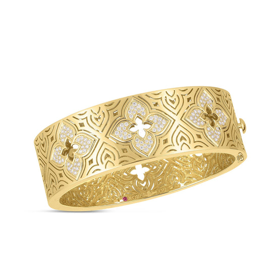 Roberto Coin Venetian Princess Etched Framed Flower Wide Bangle Diamond in 18K yellow gold