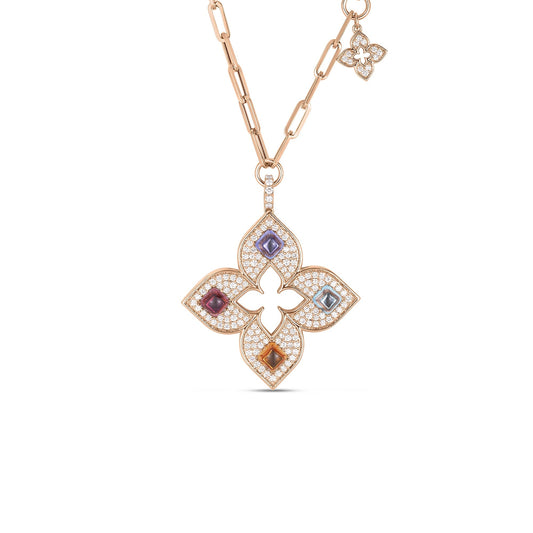 Roberto Coin Venetian Princess Carnival Open Flower Necklace Pavé Diamond, Mixed Gemstones in 18K rose gold