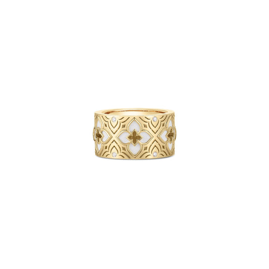 Roberto Coin Venetian Princess Etched Frame Flower Ring Diamond, Ceramic Enamel in 18K yellow gold