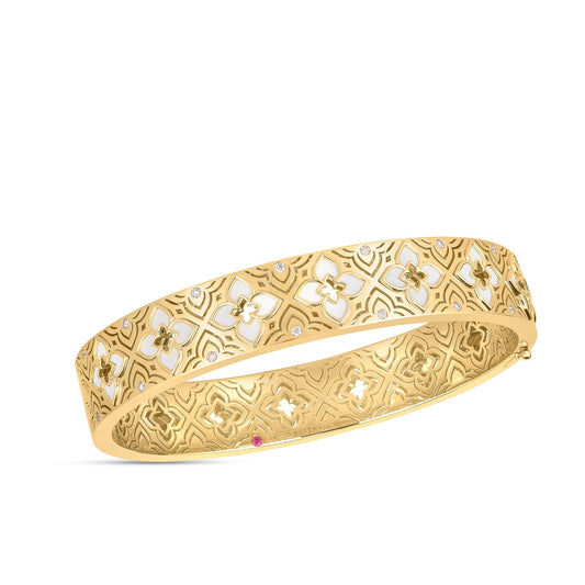 Roberto Coin Venetian Princess Etched Frame Flower Bangle Diamond, Ceramic Enamel in 18K yellow gold