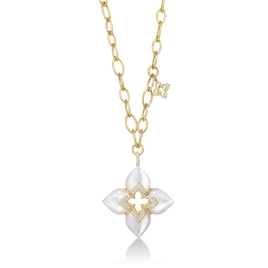 Roberto Coin Venetian Princess Cabochon Flower Necklace with mother of pearl and diamond in 18K gold