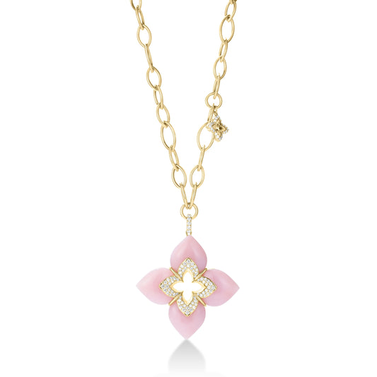 Roberto Coin Venetian Princess Cabochon Flower Necklace with pink opal and diamond in 18K gold