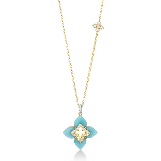 Roberto Coin Venetian Princess Cabochon Flower Necklace with amazonite and diamond in 18K gold