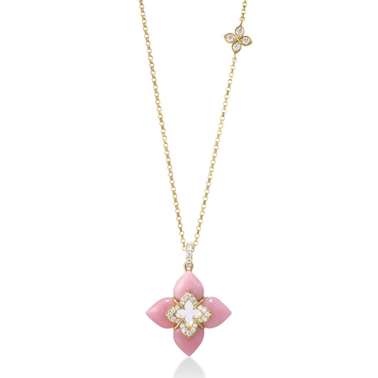 Roberto Coin Venetian Princess Cabochon Flower Necklace with pink opal and diamond in 18K gold
