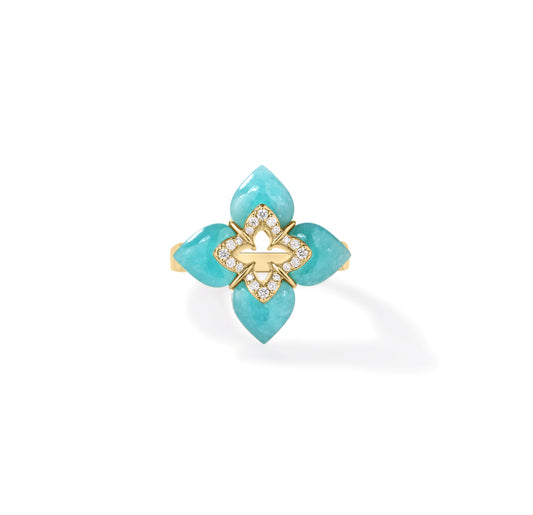 Roberto Coin Venetian Princess Cabochon Flower Ring with amazonite and diamond in 18K gold