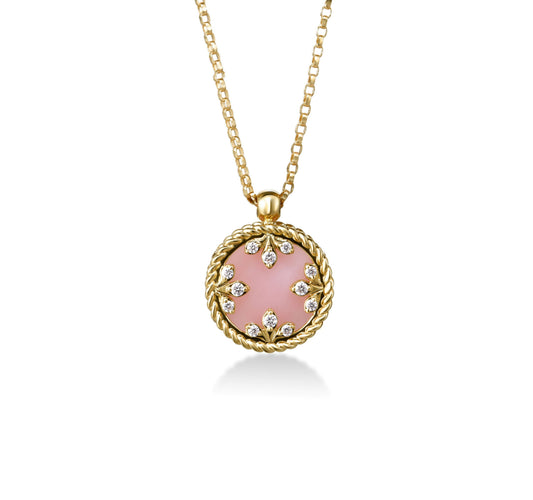 Roberto Coin Venetian Medallions Reversible Pendant Necklace with pink opal and diamond in 18K yellow gold