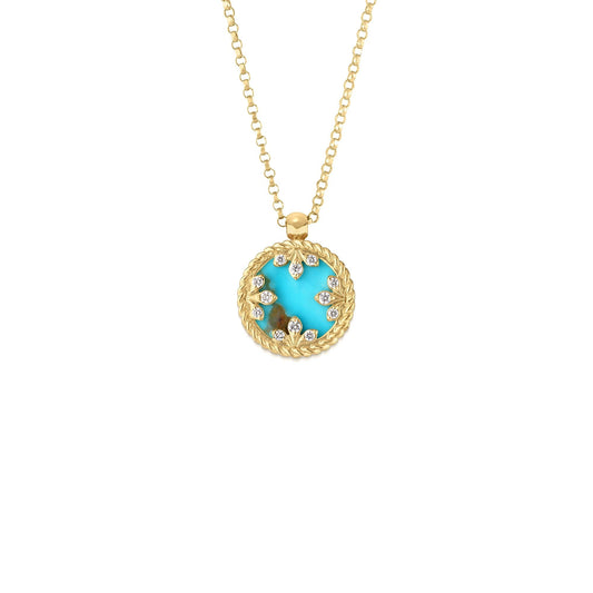 Roberto Coin Venetian Medallions Reversible Pendant Necklace with turquoise and diamond in 18K yellow gold