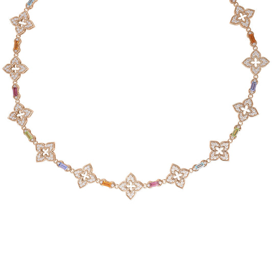 Roberto Coin Venetian Princess Carnival Flower and Baguette Cuts Collar Necklace Pavé Diamond, Mixed Gemstones in 18K rose gold