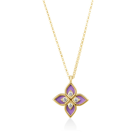 Roberto Coin Venetian Princess Flower Frame Necklace Diamond, Ceramic Enamel Lavender in 18K yellow gold
