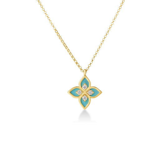 Roberto Coin Venetian Princess Flower Frame Necklace Diamond, Ceramic Enamel Cyan in 18K yellow gold