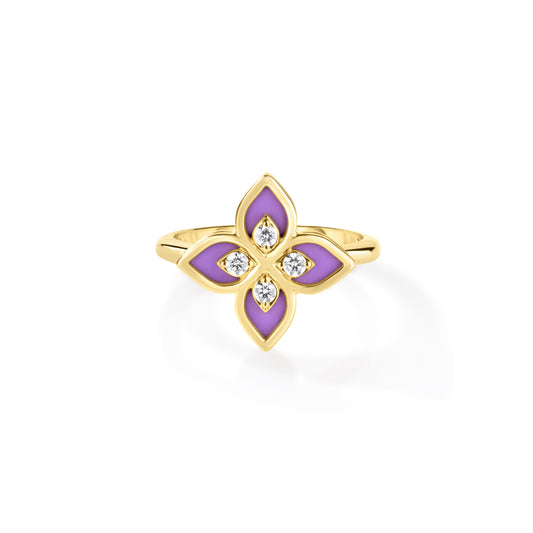Roberto Coin Venetian Princess Flower Frame Ring Diamond, Ceramic Enamel Lavender in 18K yellow gold