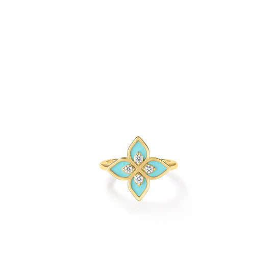 Roberto Coin Venetian Princess Flower Frame Ring Diamond, Ceramic Enamel Cyan in 18K yellow gold