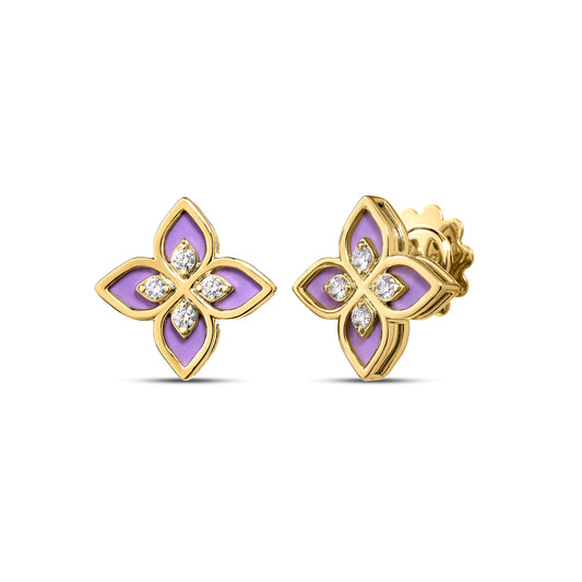 Roberto Coin Venetian Princess Flower Frame Stud Earrings Diamond, Ceramic Enamel Lavender in 18K yellow gold