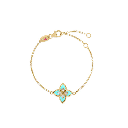 Roberto Coin Venetian Princess Flower Frame Charm Bracelet Diamond, Ceramic Enamel Cyan in 18K yellow gold